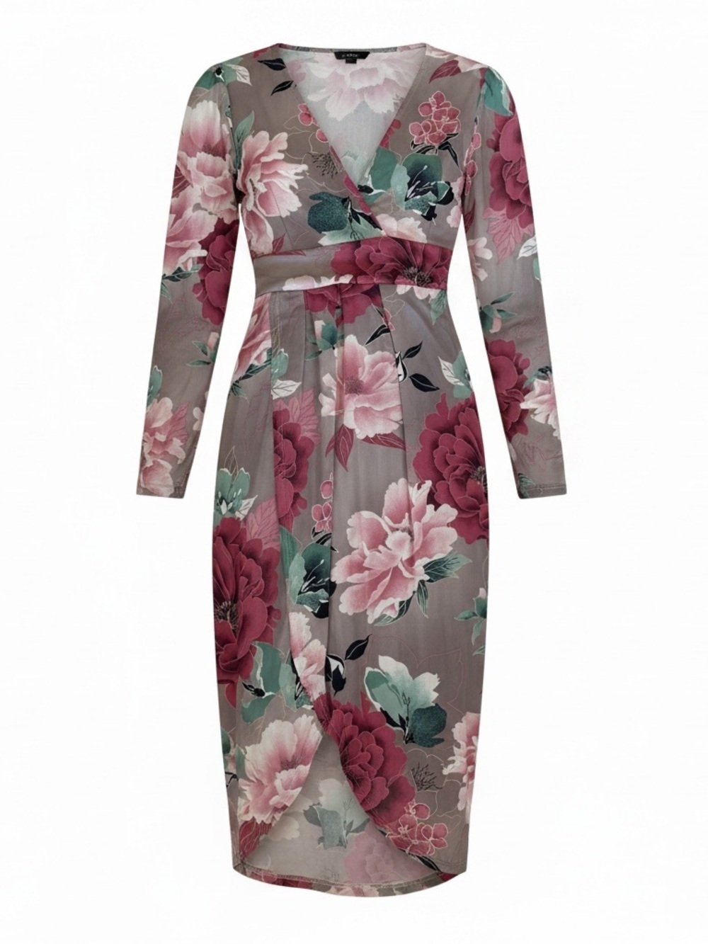 Floral Faux-Wrap Long Sleeve Midi Dress - Mauve Pink